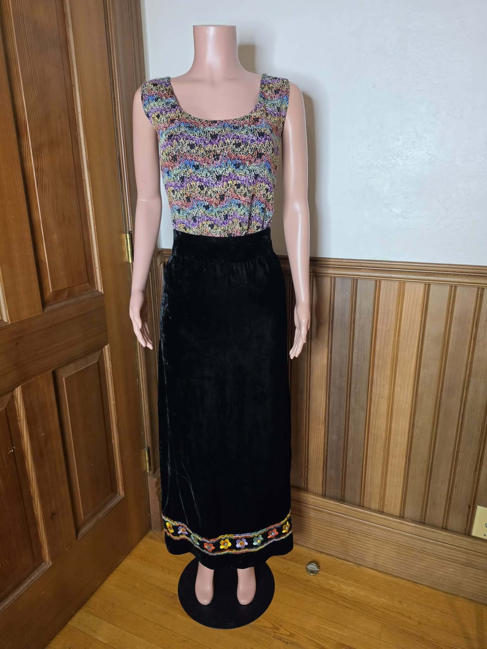 Eleanor Gay Vintage Velvet Skirt W/ Colorful Embroidery, Colorful Matching Top